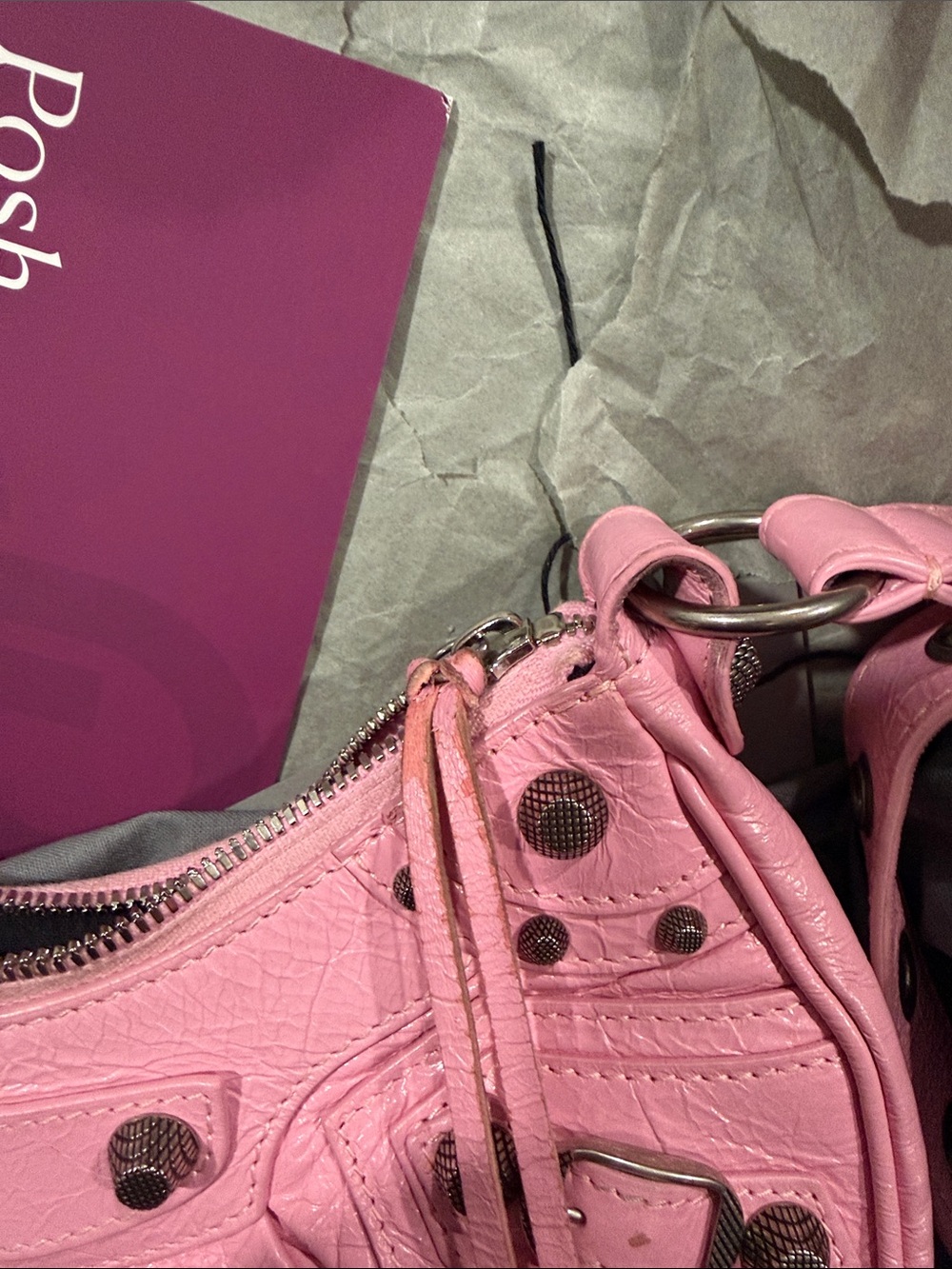Balenciaga Pink Leather Studded Shoulder Bag with Heart Mirror Charm - Picture 9 of 10